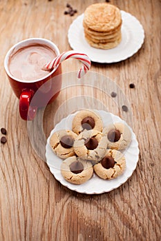 Background setting of holiday cookies and hot chocolate