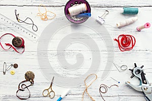 Background with sewing and knitting tools