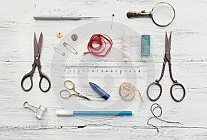 Background with sewing and knitting tools