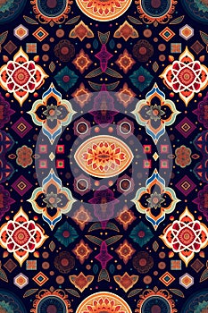 background of shapes and mandalas tapestry pattern. Pattern mirrored repeat duplicates background. Generative AI photo