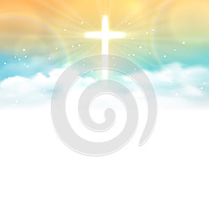 Background with shining cross and heaven with white clouds.