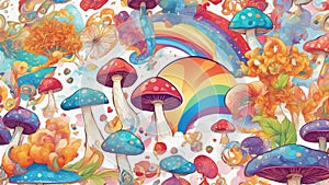 background with shrooms _A rainbow psychedelic pattern with magic mushrooms over sacred geometry