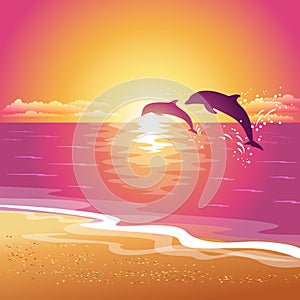 Background with silhouette of two dolphins at sunset. Eps10