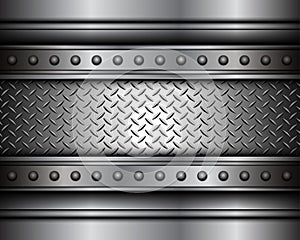 Background silver metallic, 3d chrome vector design with diamond plate sheet metal texture