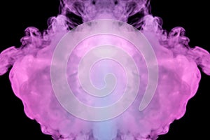 A background of simmetrical pink and white wavy smoke in the shape of a ghost`s head or a man of mystical appearance on a black