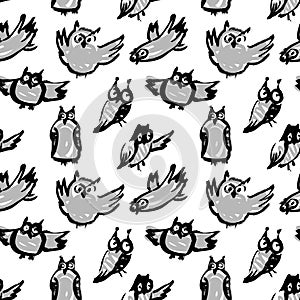Background with sketchy owls. Vector ink illustration with bird