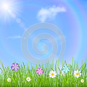 Background with sky, sun, clouds, rainbow, grass and flowers