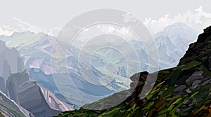 Background from the slope of a green rocky mountain overlooking a misty mountain valley