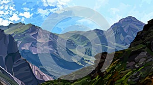 Background from the slope of a green rocky mountain overlooking a mountain valley