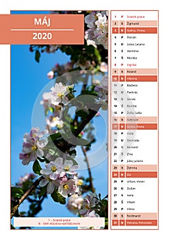 Slovak calendar with names for May 2020