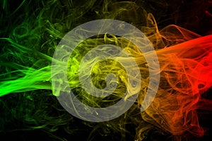 background smoke curves and wave reggae colors green, yellow, red colored in flag of reggae music