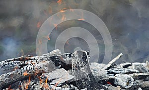 background with smoldering charred wood and red flames of fire