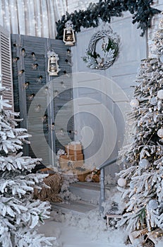 Background of snow-covered fir trees. Studio decor.