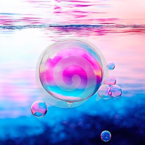 Background with soap bubbles, shimmering pink and blue and reflecting the sky, above the serene water surface