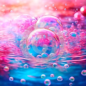 Background with soap bubbles, shimmering pink and blue and reflecting the sky, above the serene water surface