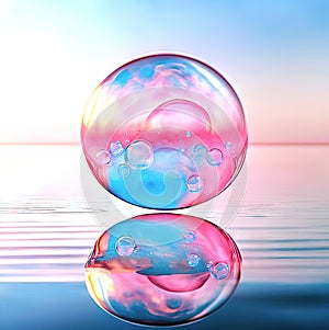 Background with soap bubbles, shimmering pink and blue and reflecting the sky, above the serene water surface