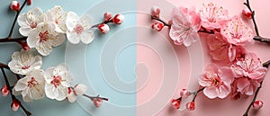 Background of soft blue and pink colors with spring flowers