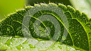 The background is softly blurred, emphasizing the detailed structure of the leaf