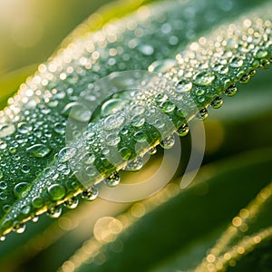 The background is softly blurred, emphasizing the focus on the leaf and droplets
