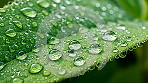 The background is softly blurred emphasizing the focus on the leaf and droplets