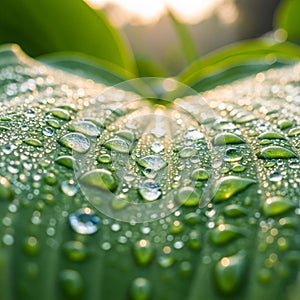The background is softly blurred, emphasizing the leaf and droplets