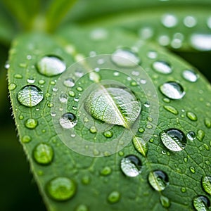 The background is softly blurred emphasizing the leaf and droplets