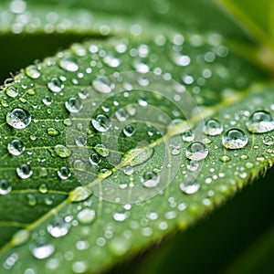 The background is softly blurred emphasizing the leaf and droplets