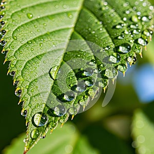 Background is softly blurred, highlighting the leaf and droplets in sharp