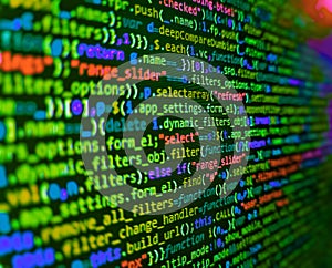 Background of software developer script. Abstract source code background. Hi-tech modern screen of data, digits and chars on