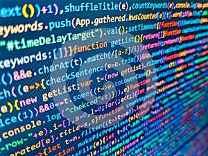 Background of software developer script. Computer script typing work. Web site codes on computer monitor. Displaying program code