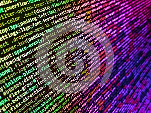 Background of software developer script. Web abstract programming and created virus on laptop screen. Programmer working in a