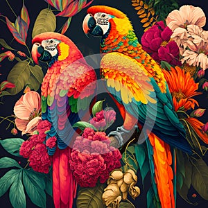 Background of some parrots on a tropical background.