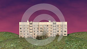 Background with Soviet five-story building. 3d render, HD video.