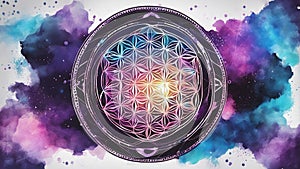 background with space A blue and purple watercolor sacred geometry illustration of the flower of life