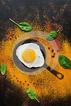 Background spices, fried egg, silhouette of the pan. Top view, flat lay. To the concept of food