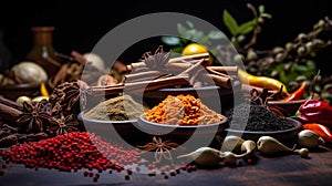 Background Spices and herbs for cooking on dark background Spices Seasonings,  drinks , Generate AI