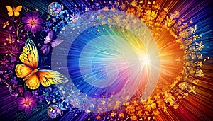 Background spiritual sun ray starburst color light butterfly life beauty