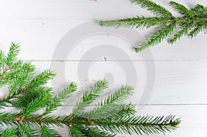 Background with spruce branches on white boards. Winter. New Year`s Eve. Christmas