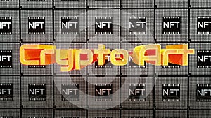 background of square rows with the inscription nft and a large inscription crypto-art. crypto art concept. 3d render