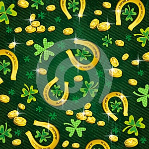 Background for St. Patricks Day with clover and golden coins