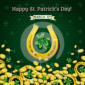 Background for St Patricks Day with horseshoe and golden coins