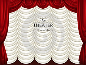 Background with stage, red and white theater curtains. Silk drape