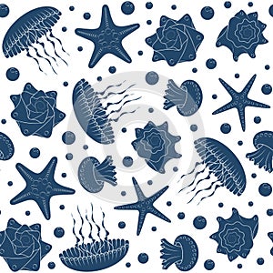 Background with starfish, seashells and jellyfish. Seamless pattern.