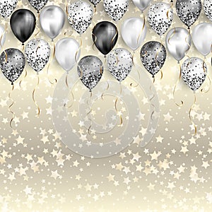 Background with stars confetti and black and white balloons as top border. Shiny glossy realistic