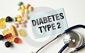 background a stethoscope with yellow list with text diabetes TYPE 2