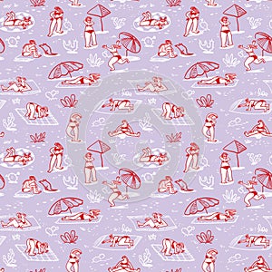 Background with summer beach girls. Seamless pattern with doodl