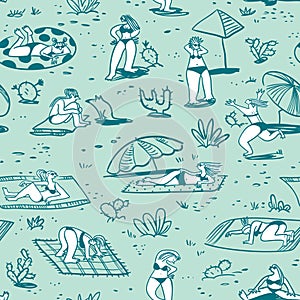Background with summer beach girls. Seamless pattern with doodl