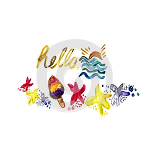 Background with summer objects sea shel cute star fish character, icecream