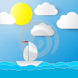 Background with sun, clouds and a boat.