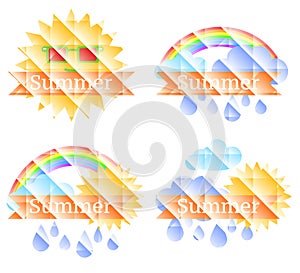 Background with sun, clouds, rainbow and rain